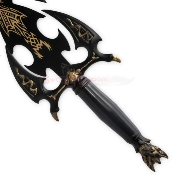 Close-up of Kilgorin Sword of Darkness SP Edition replica showing black handle, gold engravings and ornate guard.