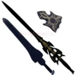 Kilgorin Sword of Darkness SP Edition replica displayed with its dark sheath and decorative wall plaque accessory.