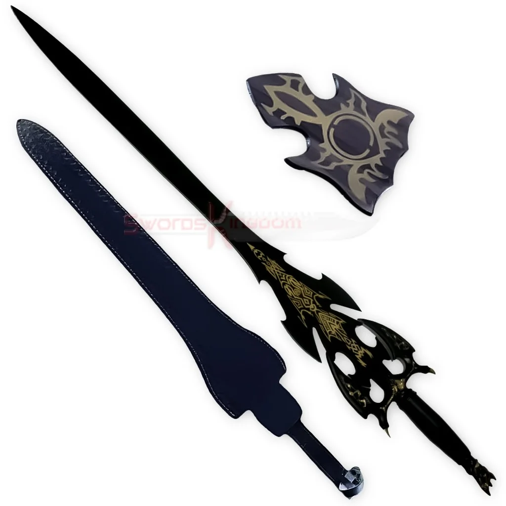 kilgorin-sword-of-darkness-sp-edition-sword-sheath-and-wall-plauqe Kilgorin Sword of Darkness SP Edition replica displayed with its dark sheath and decorative wall plaque accessory.