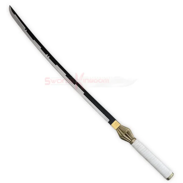 Full-length view of the White Kenpachi Zaraki Nozarashi Katana with black blade and white handle