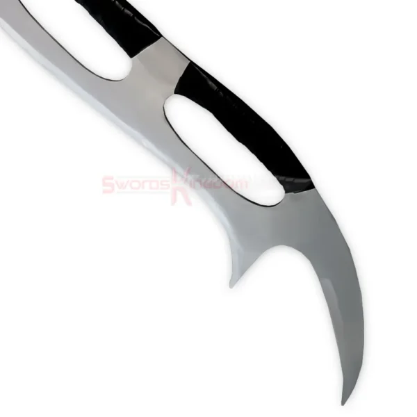 Detailed view of the Klingon Bat'leth replica showing its polished silver finish, curved edges, and central grip opening.