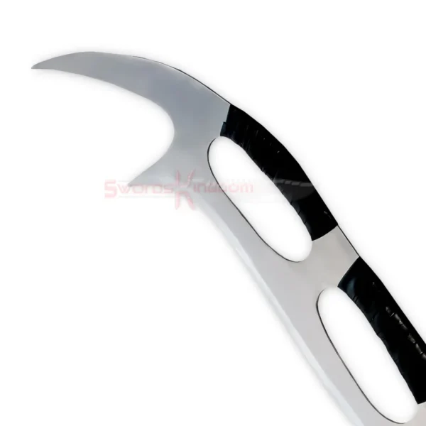 Close-up view of the curved silver Klingon Bat'leth blade with a black wrapped grip and distinctive cutout design.