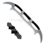 Star Trek Klingon Bat'leth replica displayed with its matching dark sheath, featuring curved silver blades and black grip sections.
