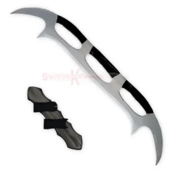 Star Trek Klingon Bat'leth replica displayed with its matching dark sheath, featuring curved silver blades and black grip sections.