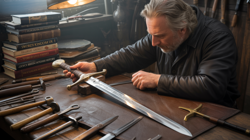 An older man examines a decorated sword on a workbench, surrounded by tools and books about swords, in a well-lit workshop.