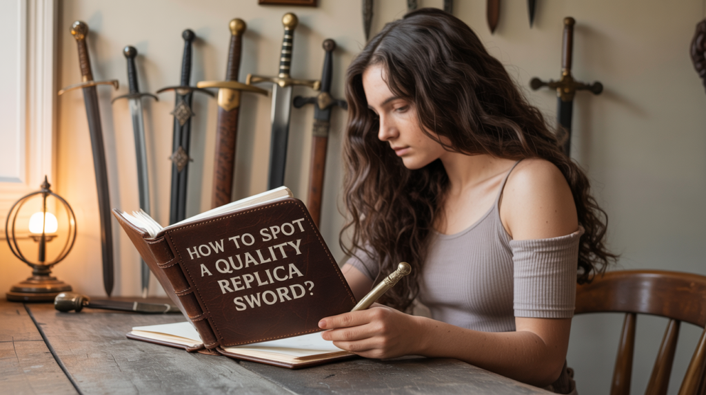 A woman sits at a table reading a book titled "How to Spot a Quality Replica Sword," with several replica swords displayed on the wall behind her.