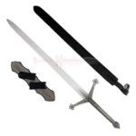 Medieval Black Knight Claymore sword displayed with a black sheath and wooden wall mount.
