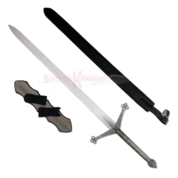 Medieval Black Knight Claymore sword displayed with a black sheath and wooden wall mount.