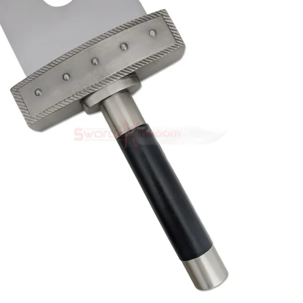 Close-up of the black wrapped handle and silver pommel of the Cloud Strife Buster Sword Replica