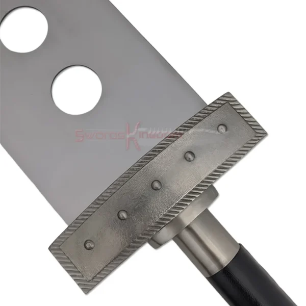 Detailed view of the metallic guard and black grip on the Cloud Strife Buster Sword Replica