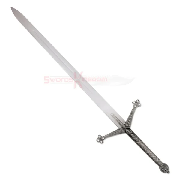 Medieval Black Knight Claymore sword with silver blade and ornate dark metal handle.