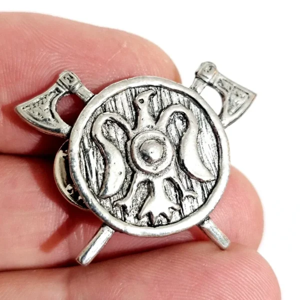 Valhalla Odin Viking Twin Axe Shield Raven Pin Brooch