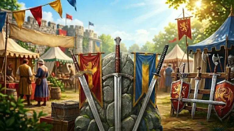 Medieval swords and fantasy items displayed at a colorful marketplace during summer sale event at Swords Kingdom UK online sword store.