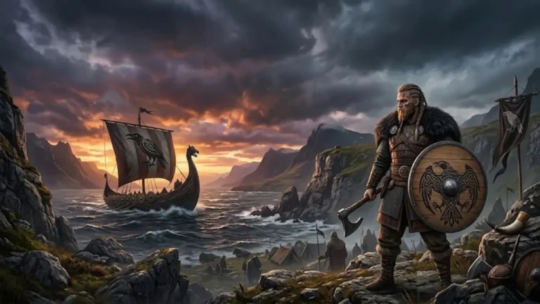 Epic Viking warrior standing beside a longship in a Nordic fjord showcasing handmade Viking swords and medieval weapons collection at Swords Kingdom UK