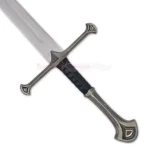 Close-up of The Broken Shards of Narsil Sword Replica from Lord of the Rings, featuring a detailed metal hilt, black grip, and polished stainless steel blade