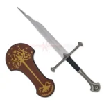 The Broken Shards of Narsil Sword Replica from Lord of the Rings displayed with a decorative wooden wall plaque, ideal for collectors and fantasy enthusiasts