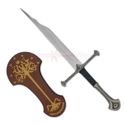 The Broken Shards of Narsil Sword Replica from Lord of the Rings displayed with a decorative wooden wall plaque, ideal for collectors and fantasy enthusiasts