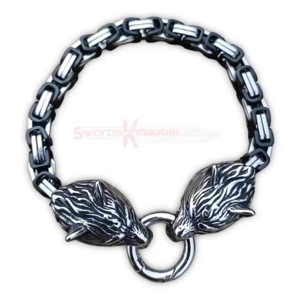 Men Viking Wolf Head Byzantine Chain Bracelet