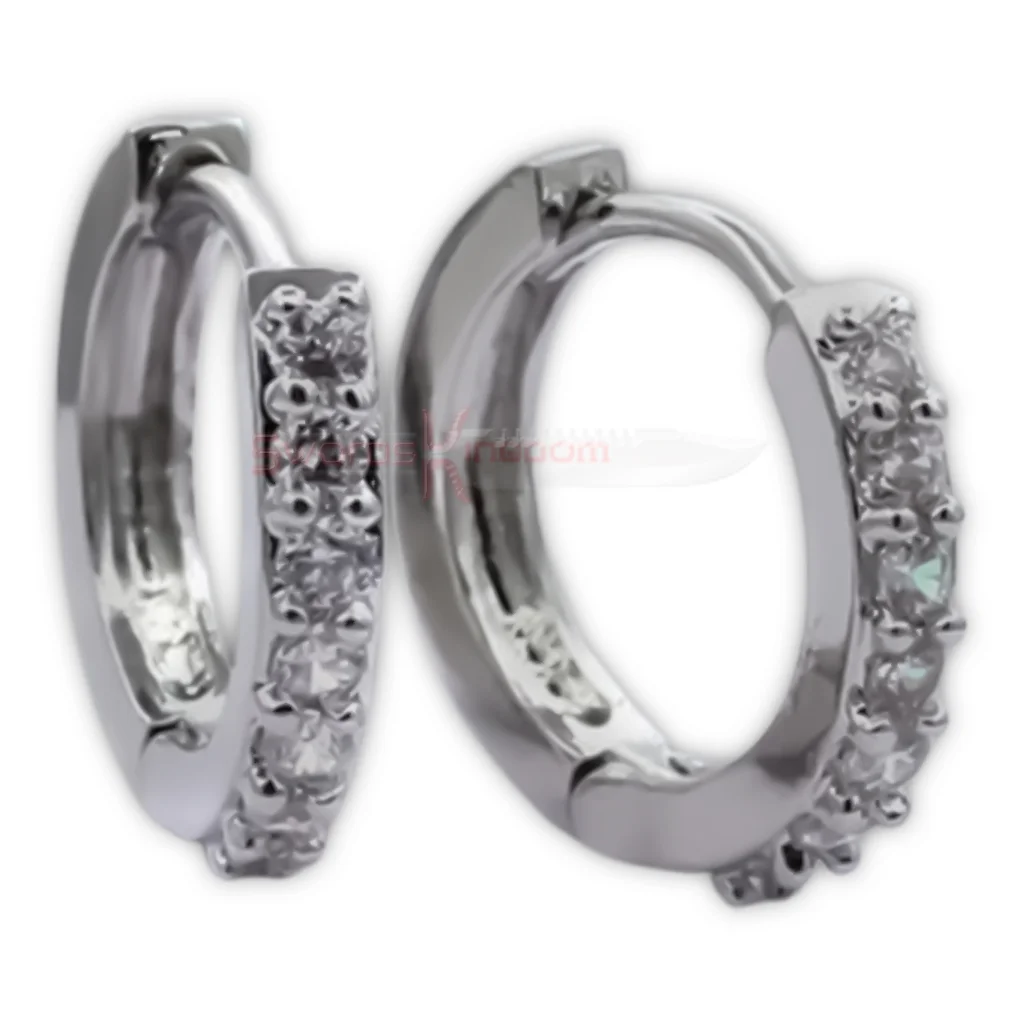 Close-up of 925 sterling silver crystal huggie hoop earrings with secure clasp and polished silver finish. Women's 925 Sterling Silver Crystal Hoop Earrings