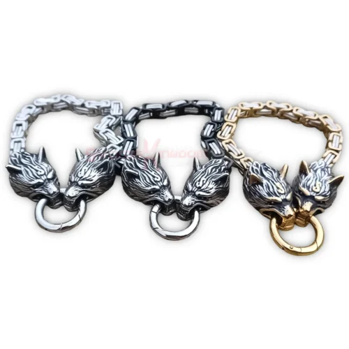 Men Viking Wolf Head Byzantine Chain Bracelet
