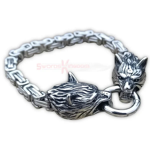 Men Viking Wolf Head Byzantine Chain Bracelet
