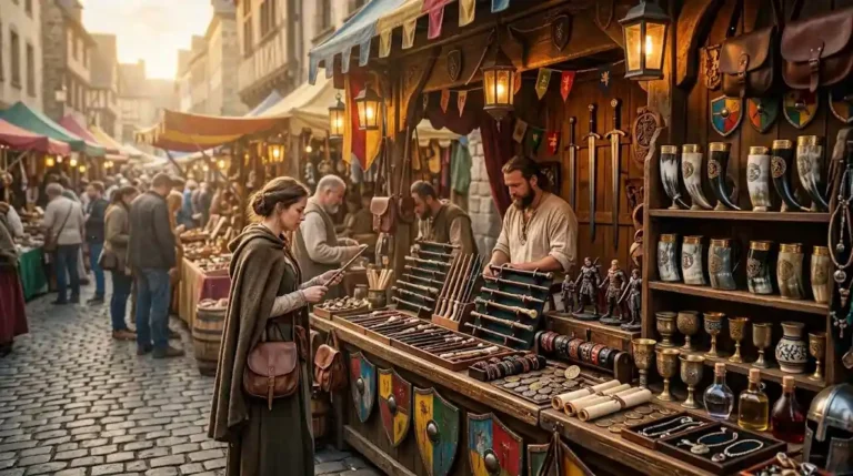 Fantasy and medieval collectibles shop featuring replica swords, shields, goblets and Viking accessories