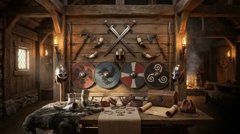 Viking collectibles display featuring medieval swords, shields, drinking horns and Viking helmets