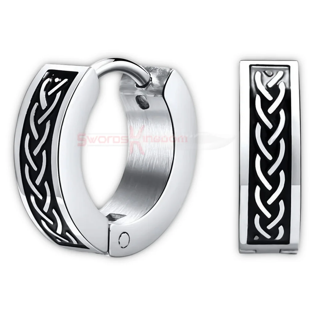 Viking Norse rune huggie hoop earring for men featuring a Celtic knot pattern on polished stainless steel. (1) Viking Norse Rune Huggie Hoop Earrings for Men - Image 1