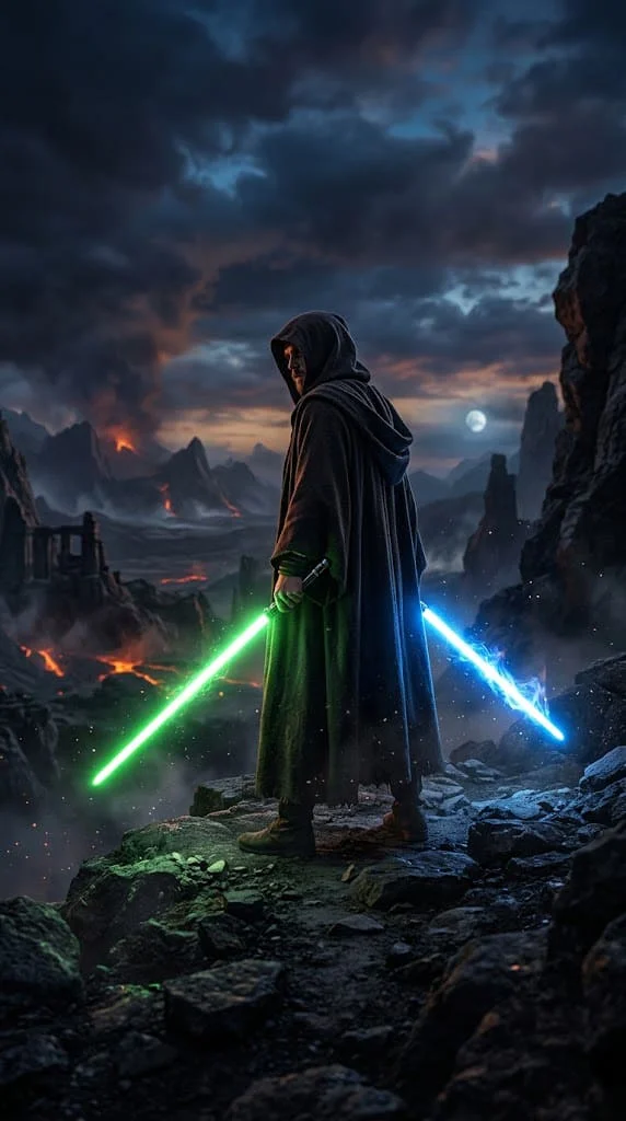 a man is holding lightsabers on the mountains