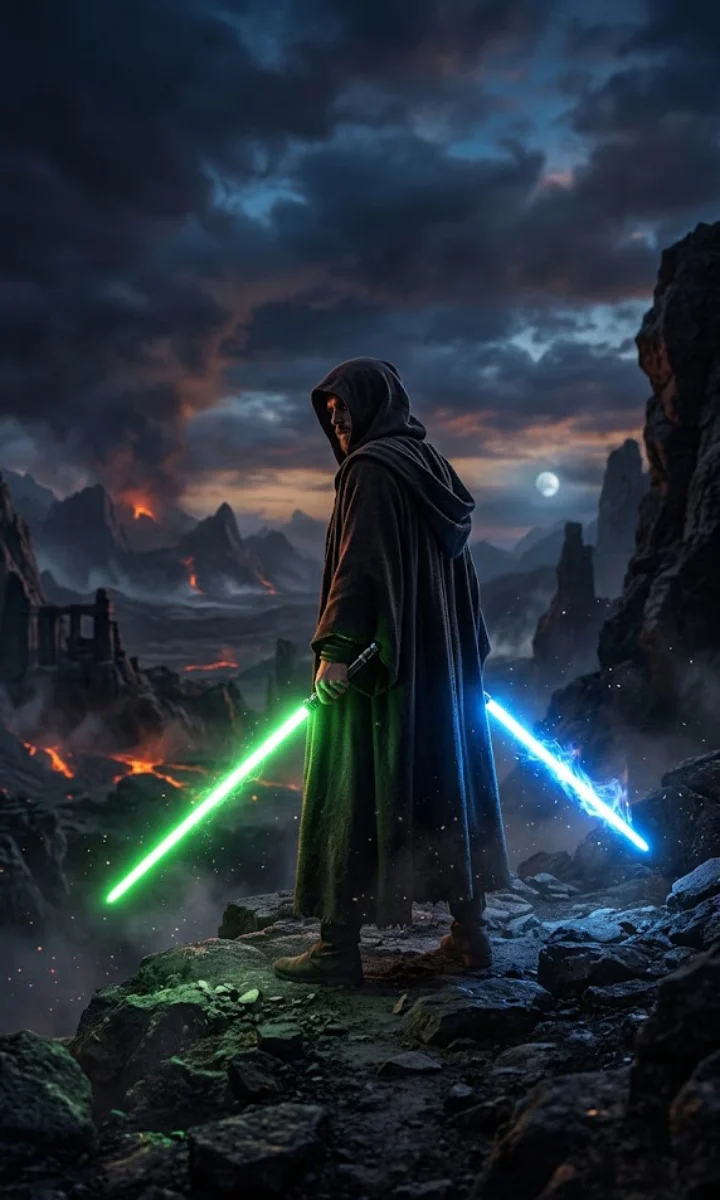 a man is holding lightsabers on the mountains