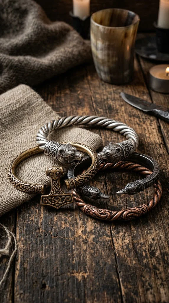 medieval viking bracelets on the medieval wooden table