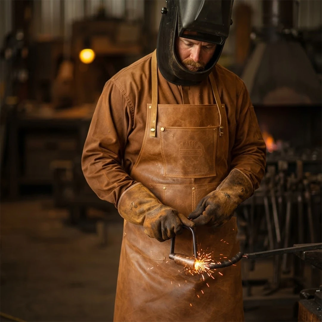 HeatArmor Blacksmith leather apron worn in a professional workshop with adjustable straps, utility pockets, and premium full-grain leather construction. HeatArmor Blacksmith Leather Apron