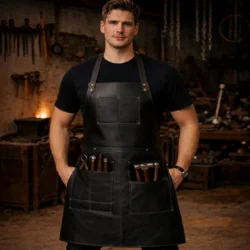 A Male Meta Worker Wearing Work Gear Black Blacksmith Leather Apron