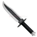 Full view of the Sylvester Stallone John James Rambo First Blood Part 2 Signature Edition Knife Replica with a black and silver blade and wrapped handle