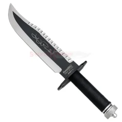 Full view of the Sylvester Stallone John James Rambo First Blood Part 2 Signature Edition Knife Replica with a black and silver blade and wrapped handle