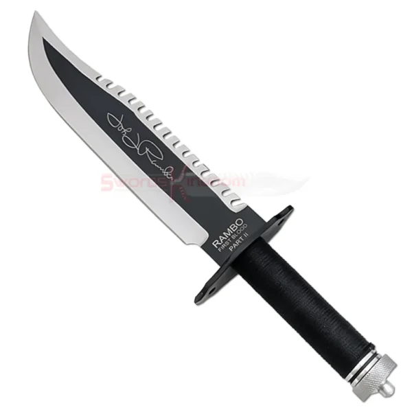 Full view of the Sylvester Stallone John James Rambo First Blood Part 2 Signature Edition Knife Replica with a black and silver blade and wrapped handle