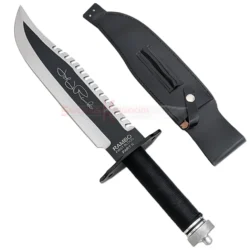 Sylvester Stallone John James Rambo First Blood Part 2 Signature Edition Knife Replica displayed with its black sheath and signature blade