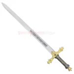 Full length King Arthur Excalibur Sword in the Stone Gold Edition replica sword displaying the ornate gold crossguard, crown pommel, and engraved steel blade