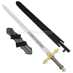 King Arthur Excalibur Sword in the Stone Gold Edition replica prop featuring the full detailed blade, gold guard, textured hilt, decorative wall plaque, and black sheath for collectors and cosplayers