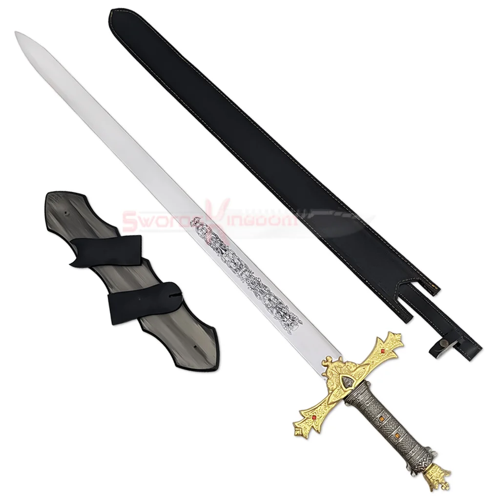 King Arthur Excalibur Sword in the Stone Gold Edition replica prop featuring the full detailed blade, gold guard, textured hilt, decorative wall plaque, and black sheath for collectors and cosplayers