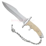 Full view of the Rambo 5 Last Blood Heartstopper Bowie Knife Replica with a broad polished blade and tan handle