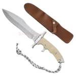 Rambo 5 Last Blood Heartstopper Bowie Knife Replica displayed with its brown leather sheath and lanyard
