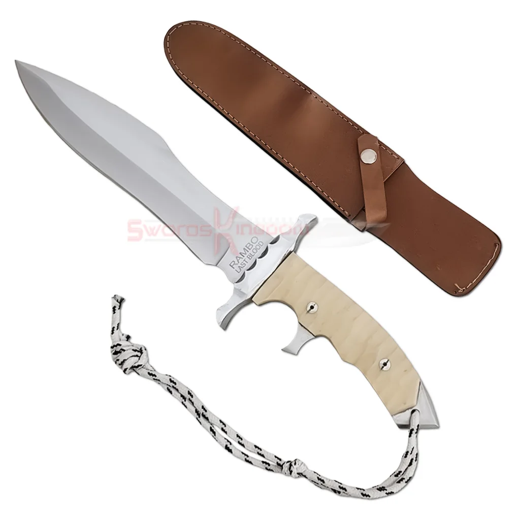 rambo-5-last-blood-heartstopper-bowie-knife-replica-with-sheath (2) Rambo 5 Last Blood Heartstopper Bowie Knife Replica displayed with its brown leather sheath and lanyard