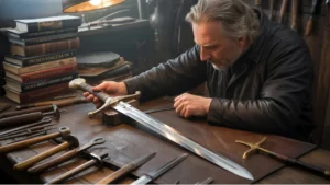 An older man examines a decorated sword on a workbench, surrounded by tools and books about swords, in a well-lit workshop.