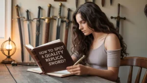 A woman sits at a table reading a book titled "How to Spot a Quality Replica Sword," with several replica swords displayed on the wall behind her.