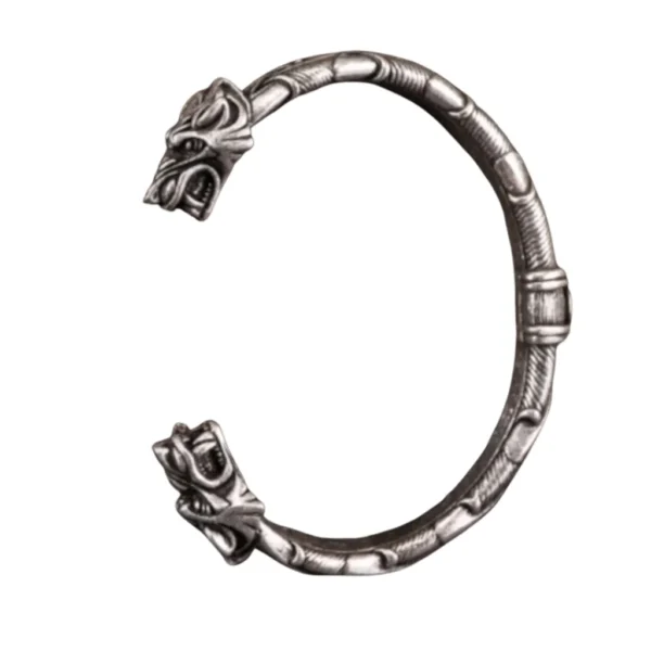 Viking Wolf Head Arm Ring with Norse Scrollwork Cuff