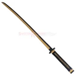 Deadpool katana featuring a curved black and gold blade with a black handle and gold diamond pattern.