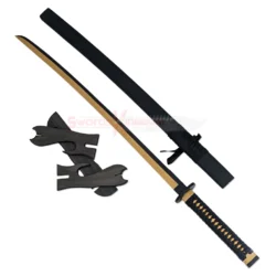 Deadpool katana replica with a black and gold blade design, black handle and matching sheath.