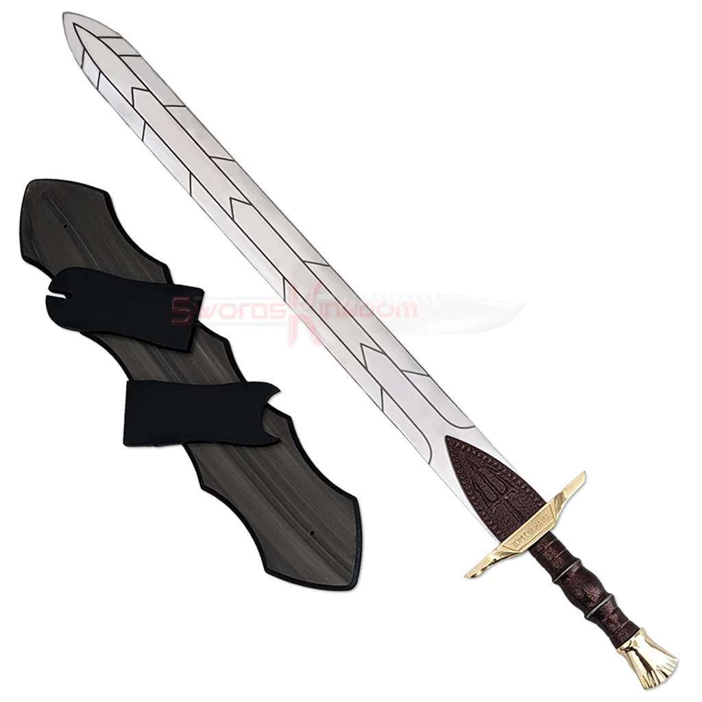 percy-jackson-riptide-sword-replica-with-sheath Percy Jackson Riptide sword replica with a silver patterned blade, bronze-coloured hilt and matching sheath.