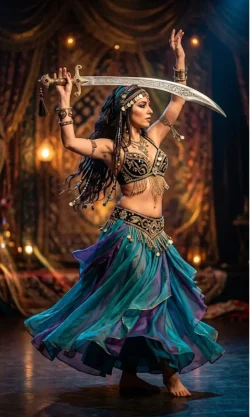 a women is doing belly dancing with balanced sword on the head.